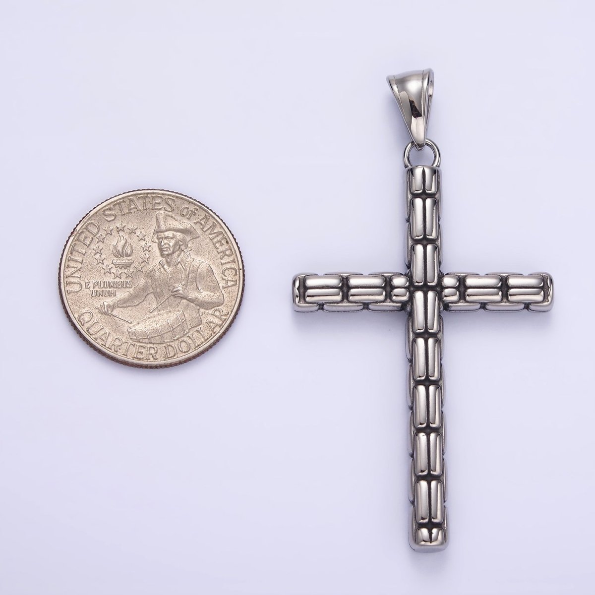 Stainless Steel 64mm Religious Latin Cross Bar Line-Textured Pendant | P-741