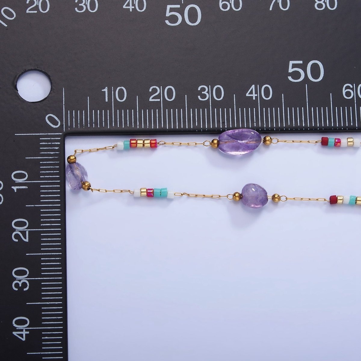 Stainless Steel Amethyst Gemstone Multicolor Rhondelle Bead Paperclip Chain by Yard | ROLL-1512