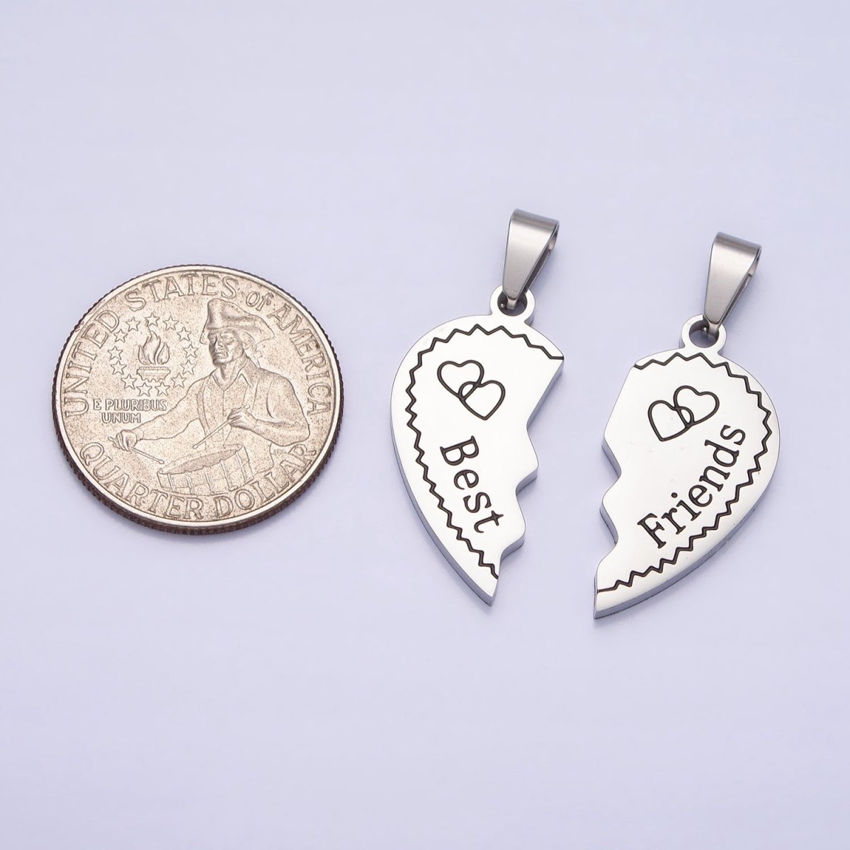 Stainless Steel "Best Friend" Script Engraved Hearts Silver Friendship Pendant Set | P-1128