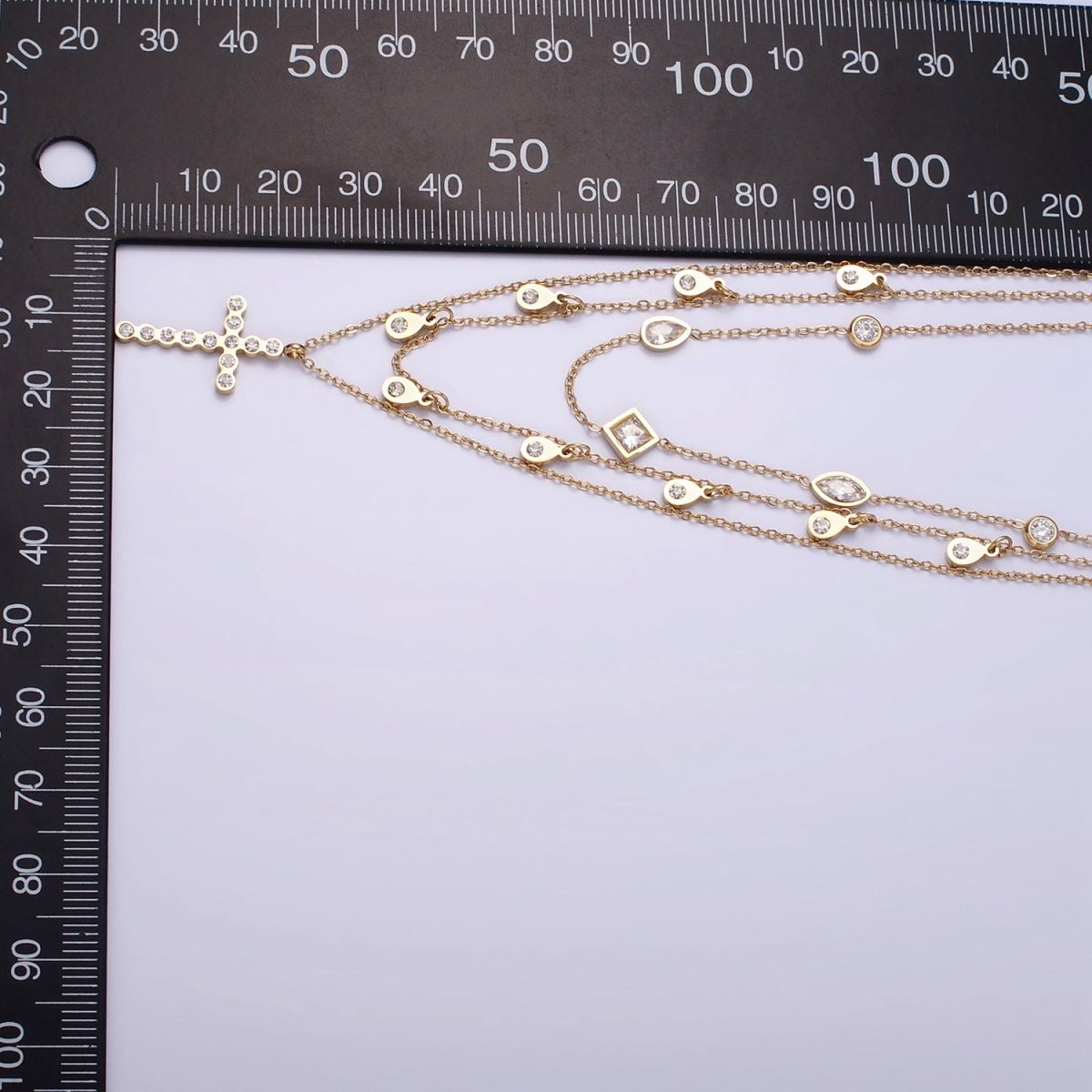 Stainless Steel Cross Geometric CZ Drop Triple Rolo Chain Layering Necklace w. 2 Inch Extender | WA-2548