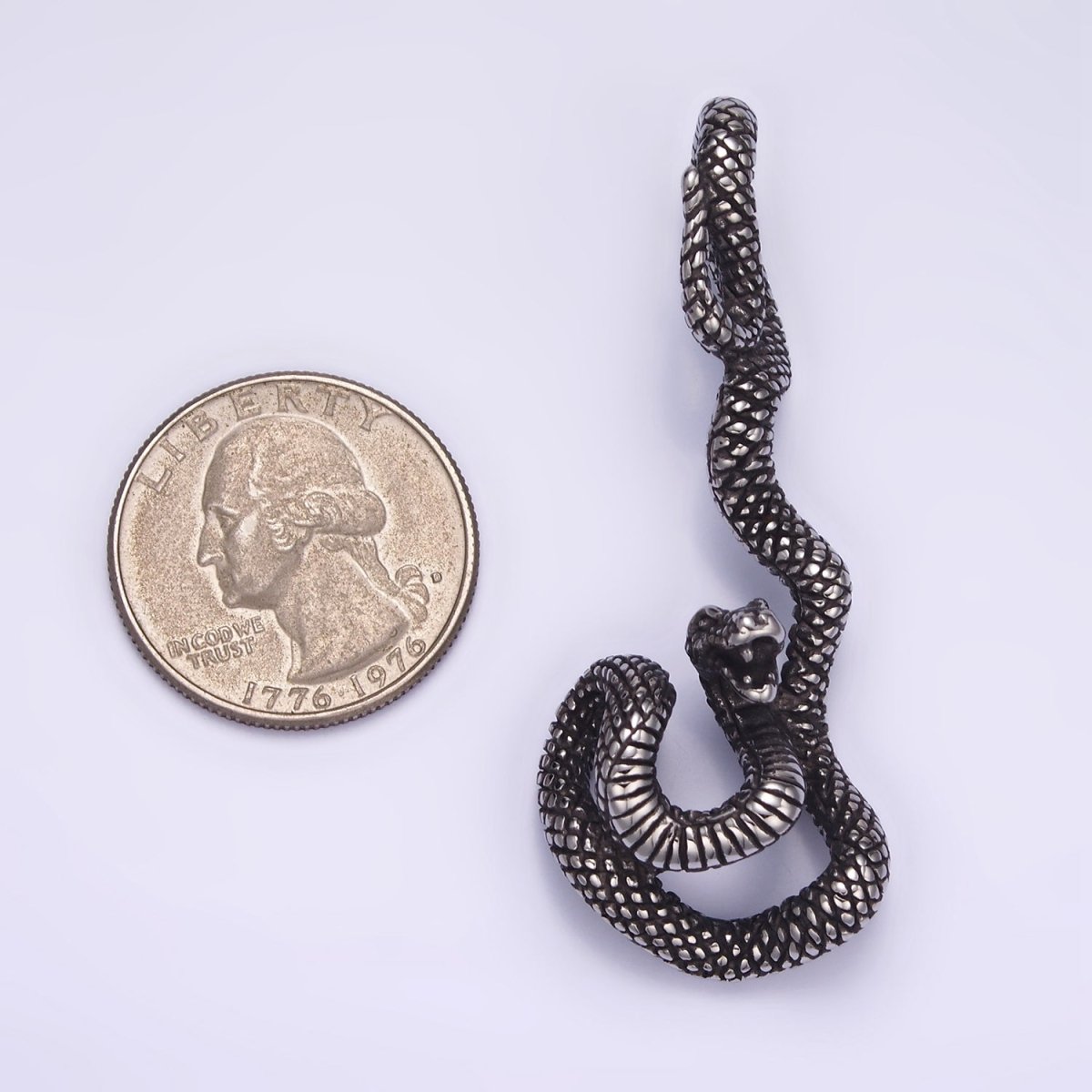 Stainless Steel Curled Serpent Snake Drop Oxidized Silver Pendant | P1466