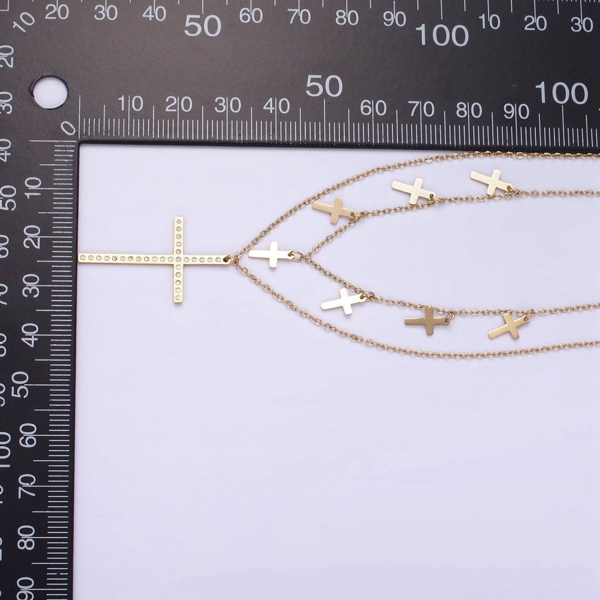 Stainless Steel CZ Dotted Religious Cross Drop Cable Chain Double Layering Necklace | WA-2547