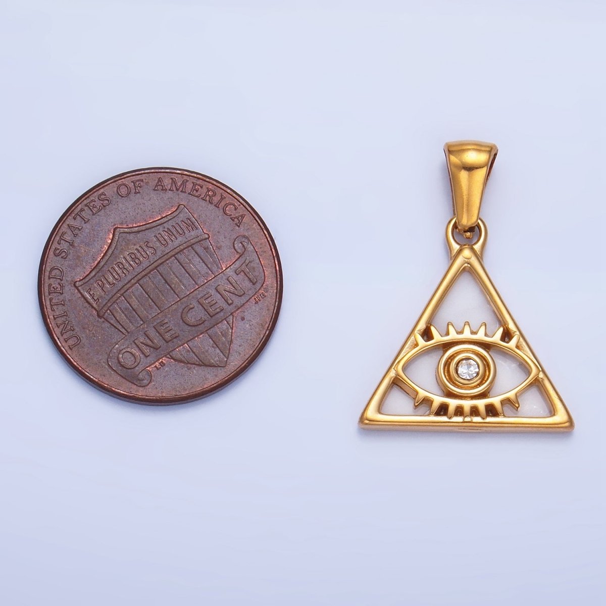 Stainless Steel CZ Evil Eye Shell Pearl Triangle Pendant | P1543