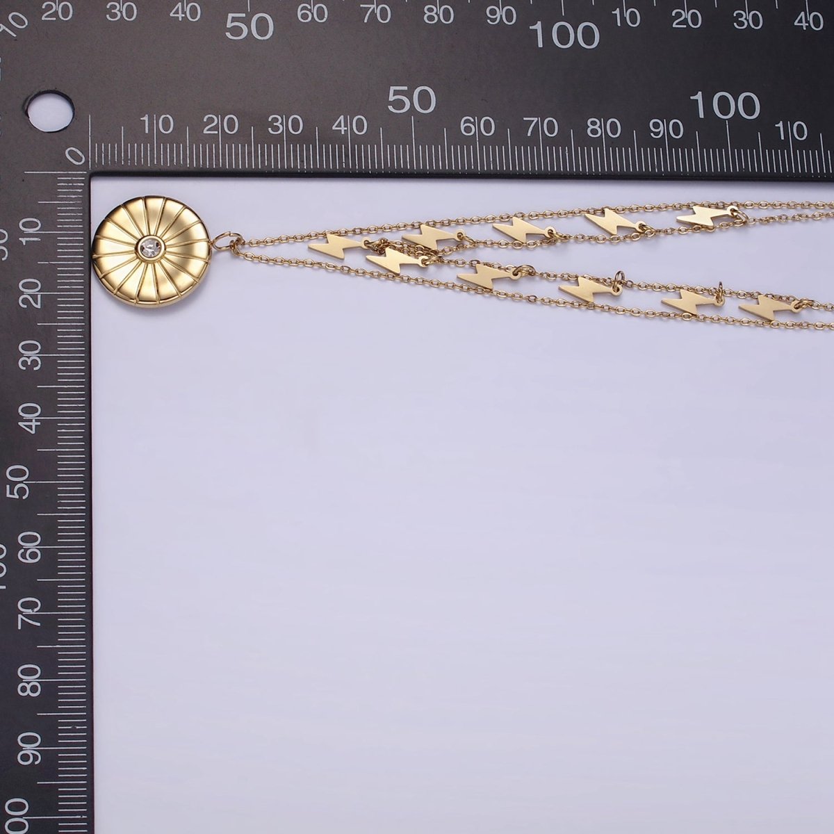 Stainless Steel CZ Round Lightning Bolt Cable Chain Double Layering Necklace | WA-2541