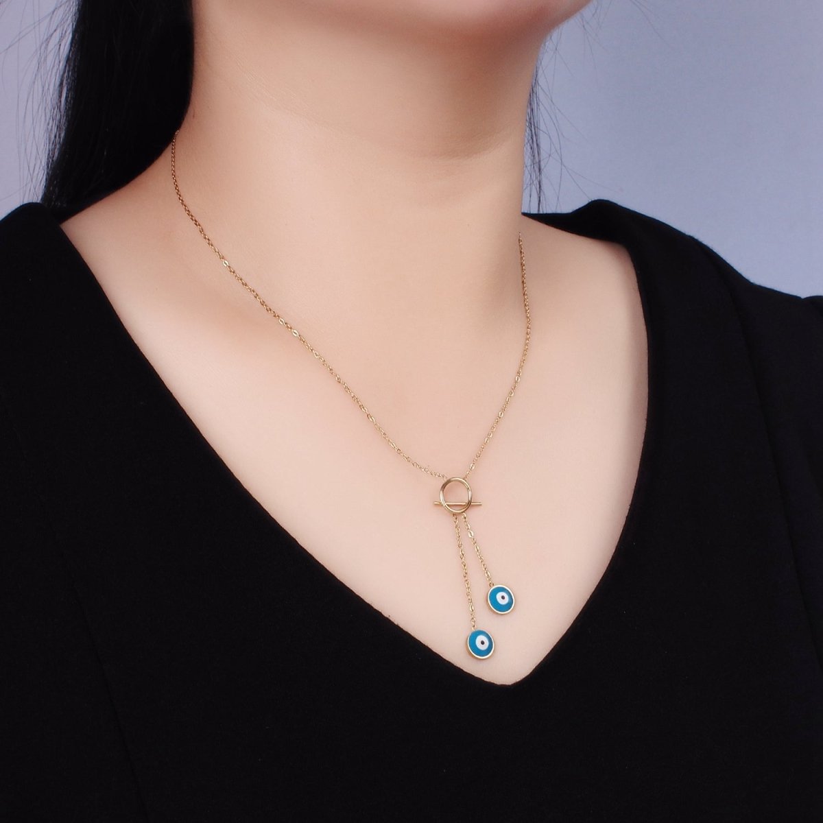 Stainless Steel Evil Eye Enamel Toggle Clasps Cable Necklace | WA-2551