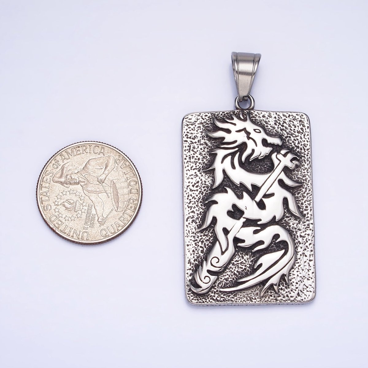 Stainless Steel Flamed Dragon Textured Rectangular Tag Silver, Gold Pendant | P1141