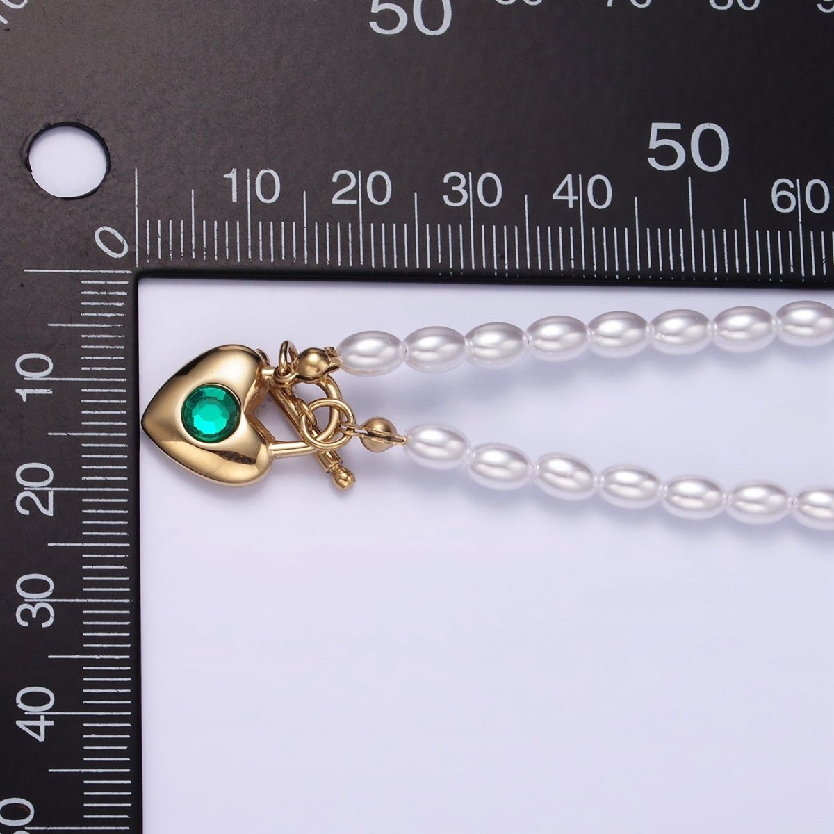 Stainless Steel Green CZ Heart Toggle Shell Pearl 18.5 Inch Necklace | WA-2540
