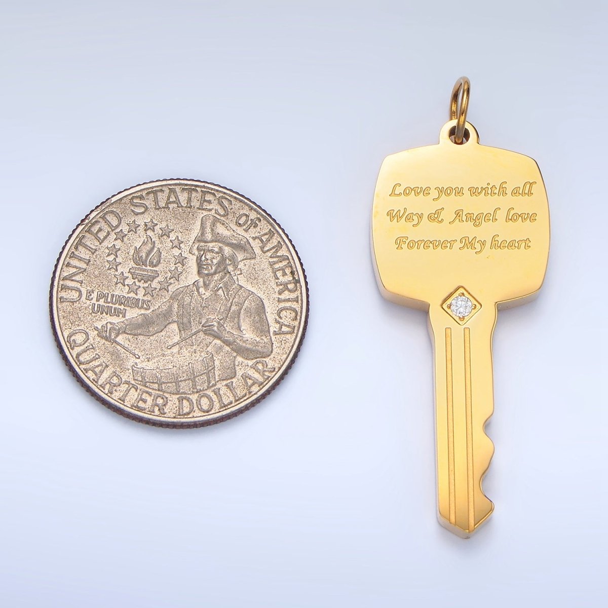 Stainless Steel Love Engraved CZ Key Lock Charm | P1021