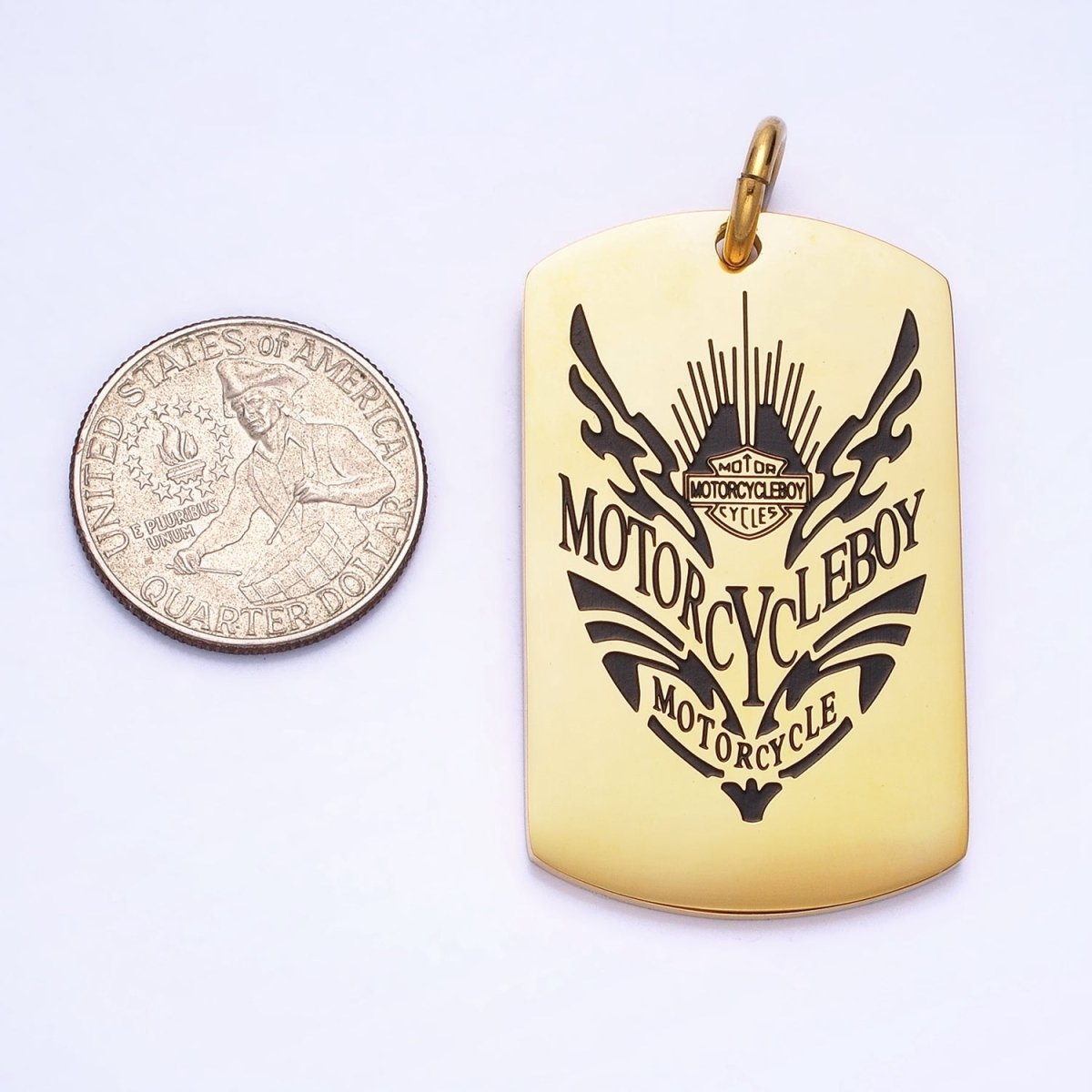 Stainless Steel Masculine "MOTORCYCLEBOY" Black Engraved Tag Charm in Gold & Silver | P-929