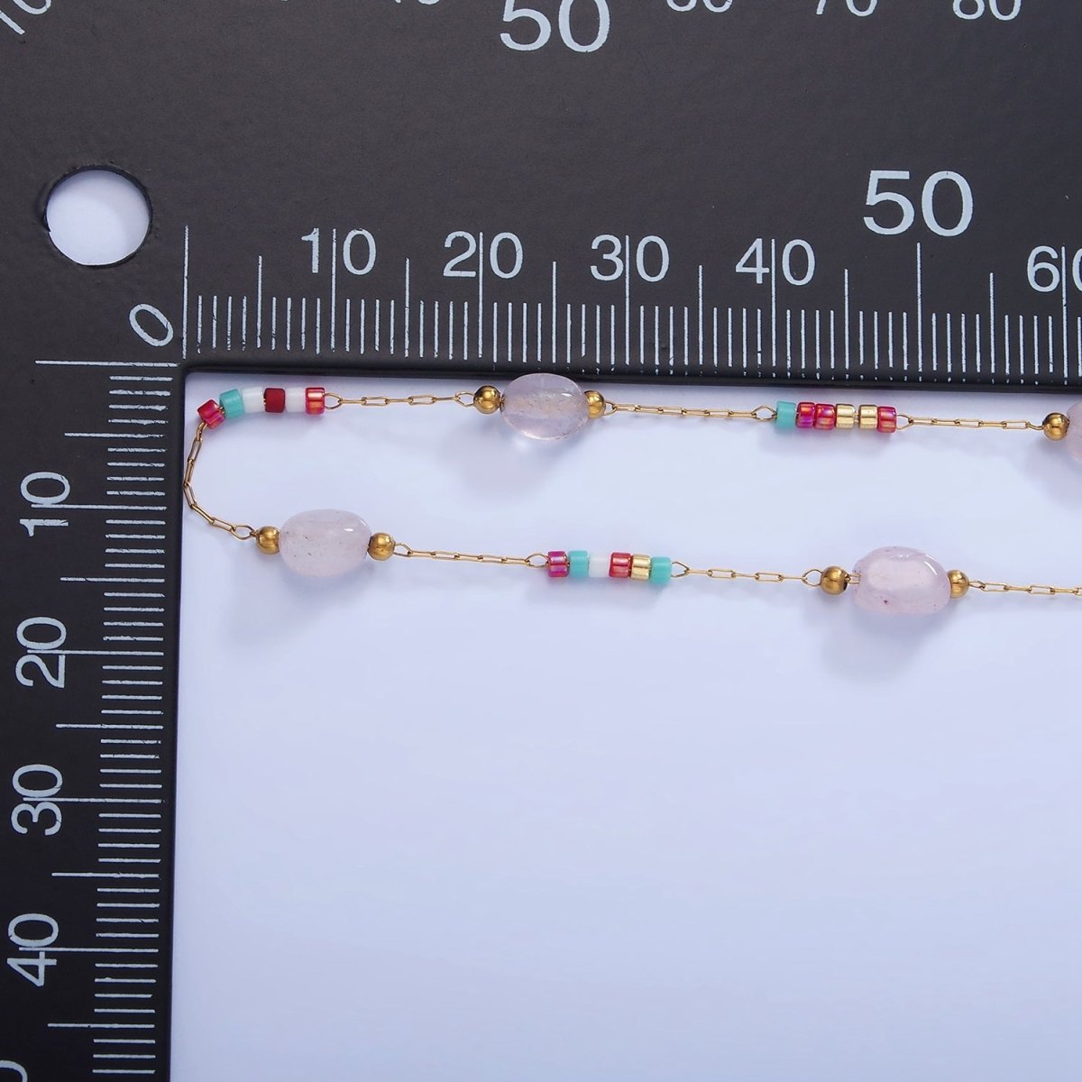Stainless Steel Rose Quartz Multicolor Rhondelle Bead Paperclip Chain by Yard | ROLL-1511