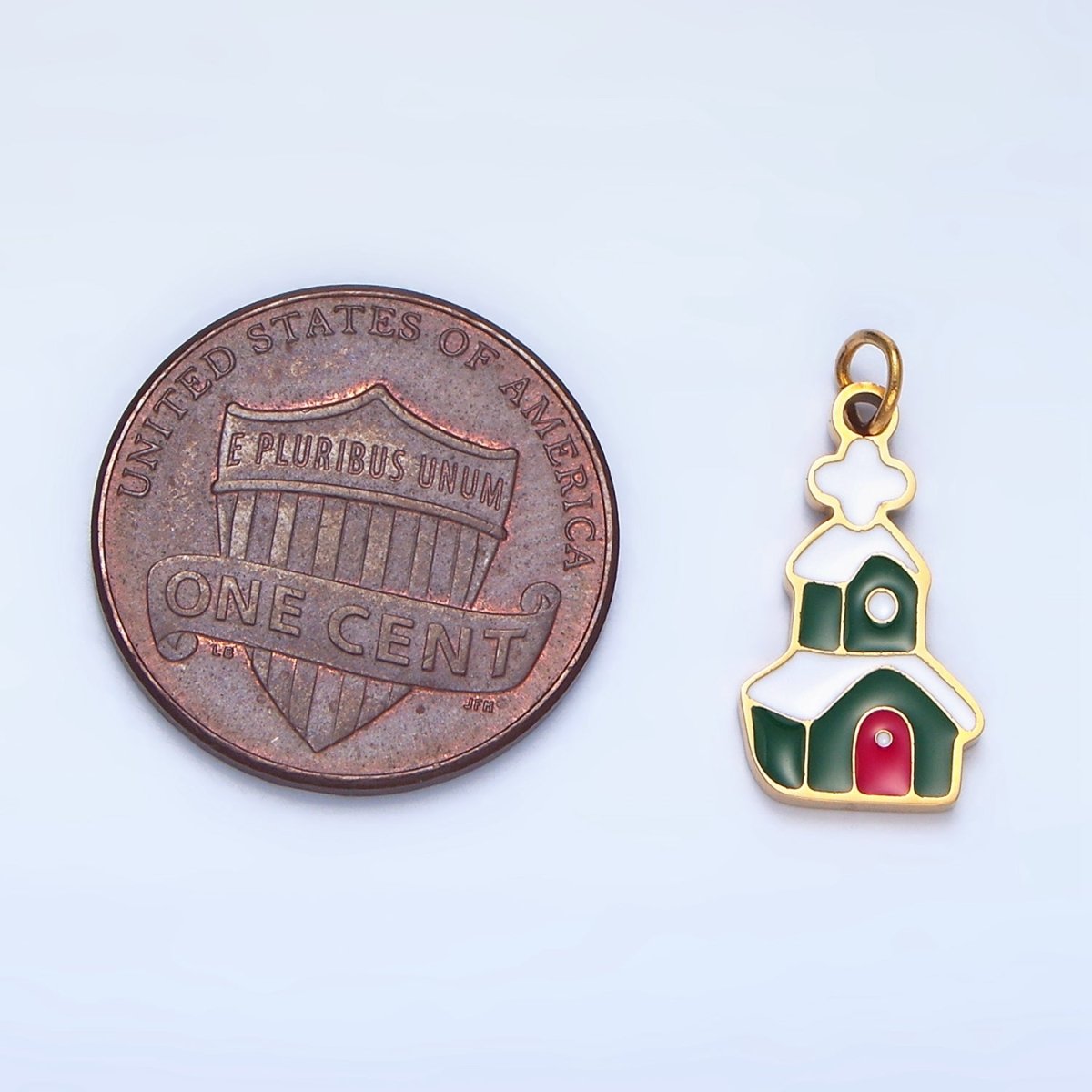 Stainless Steel Snowy Green Enamel House Church Christmas Holiday Charm | P1494