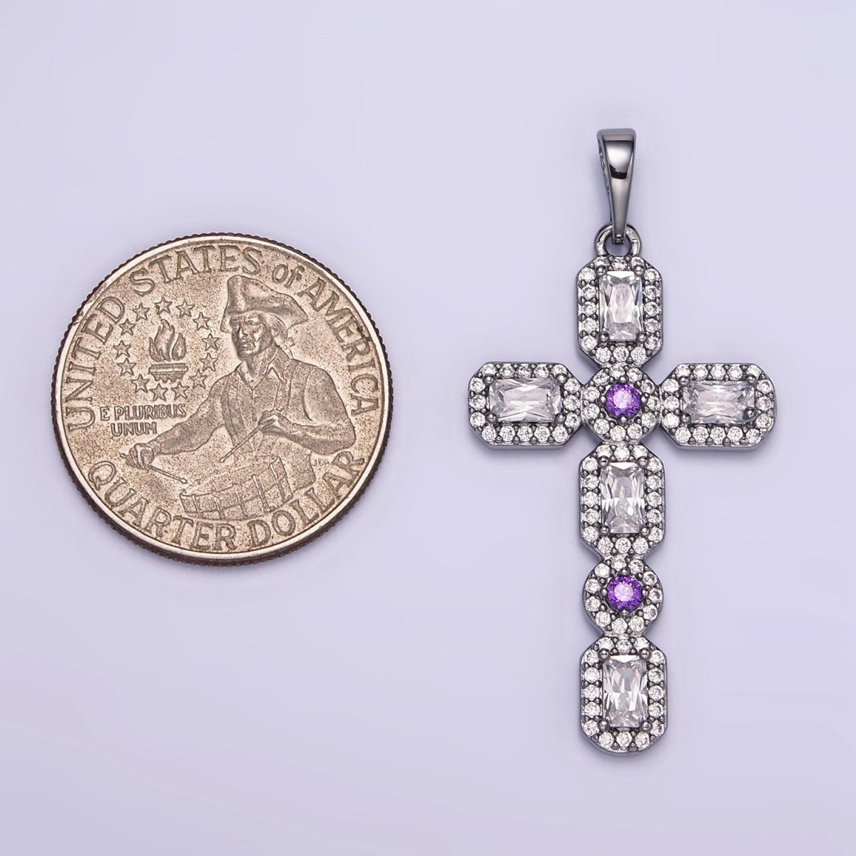 White Gold Filled 45mm Baguette Micro Paved CZ Religious Cross Pendant | I441