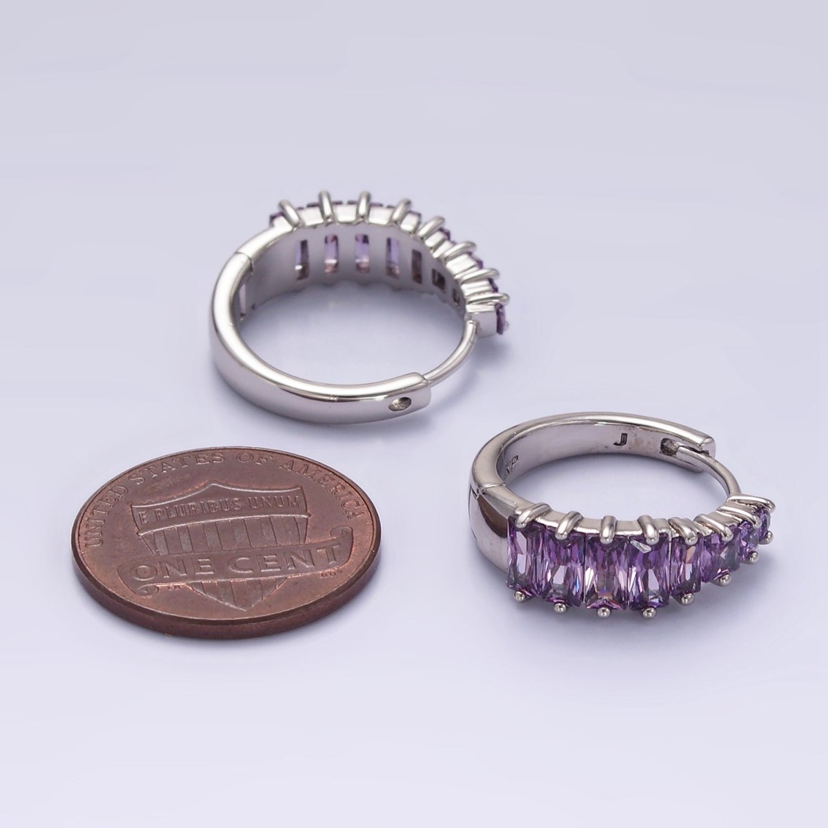 White Gold Filled Purple Baguette Lined 20mm Huggie Earrings | Q254