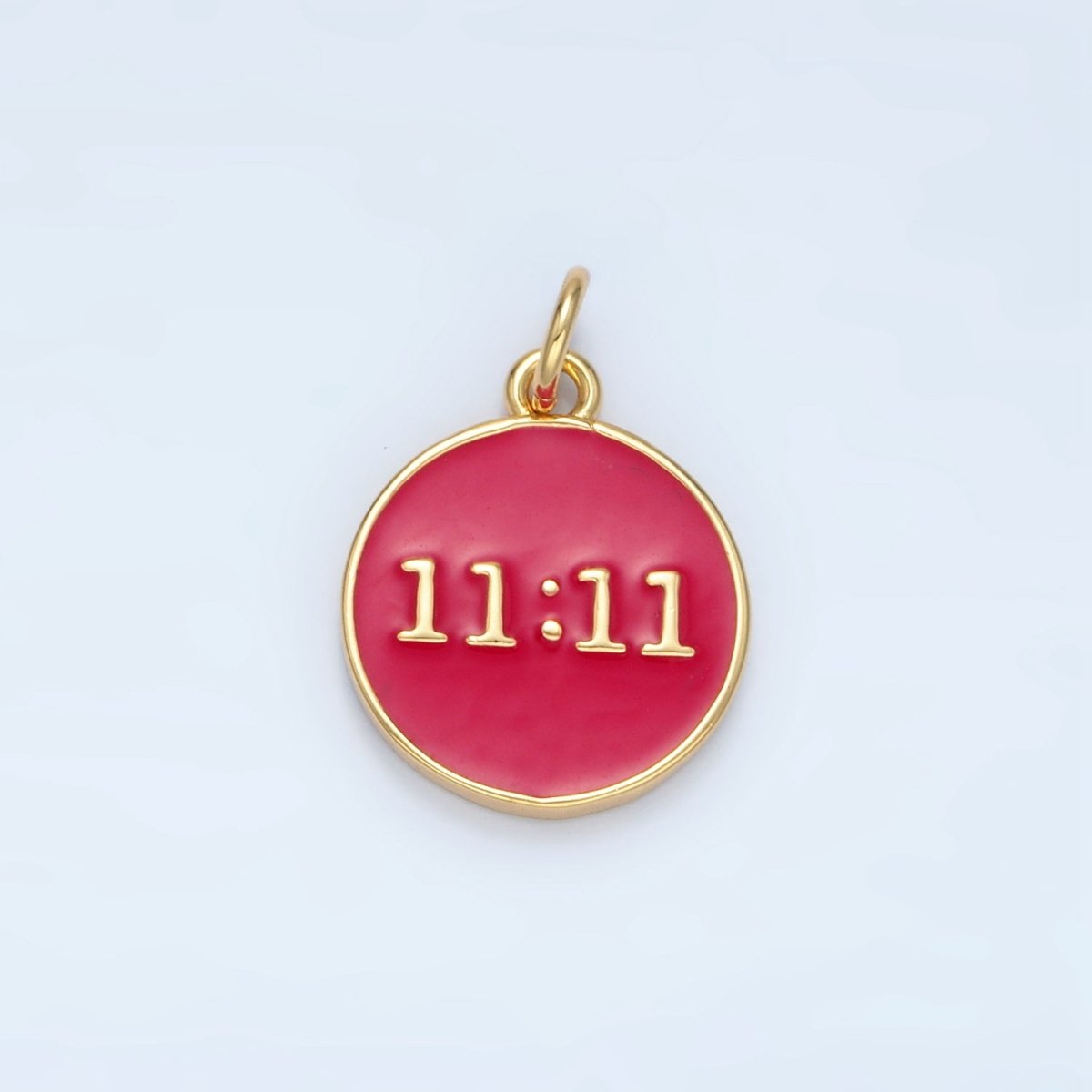 14K Gold Filled "11:11" Angel Number Clock Red Enamel Round Charm | AG940