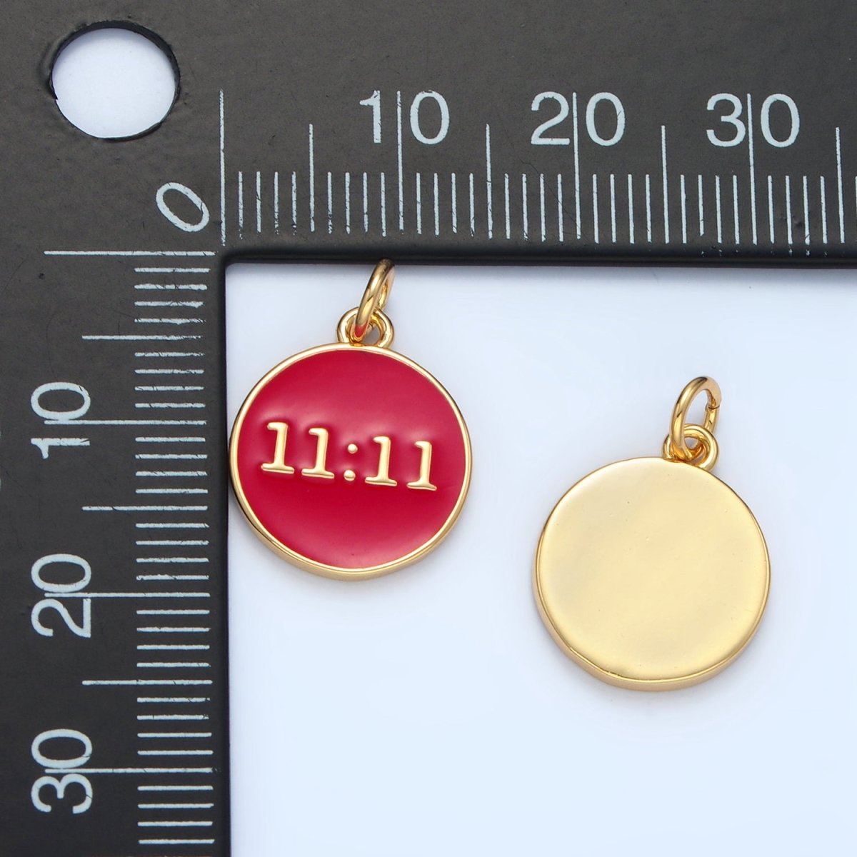 14K Gold Filled "11:11" Angel Number Clock Red Enamel Round Charm | AG940
