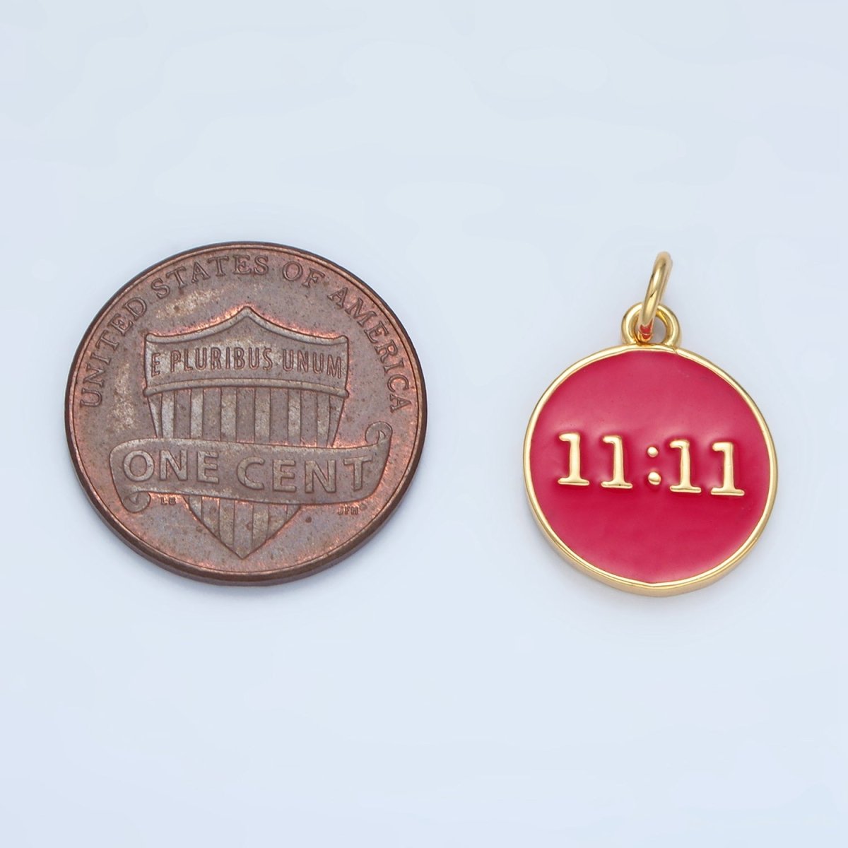 14K Gold Filled "11:11" Angel Number Clock Red Enamel Round Charm | AG940