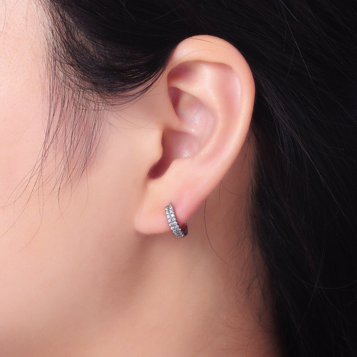 14K Gold Filled 12mm Double Lined Clear Micro Paved CZ Huggie Earrings | AE885