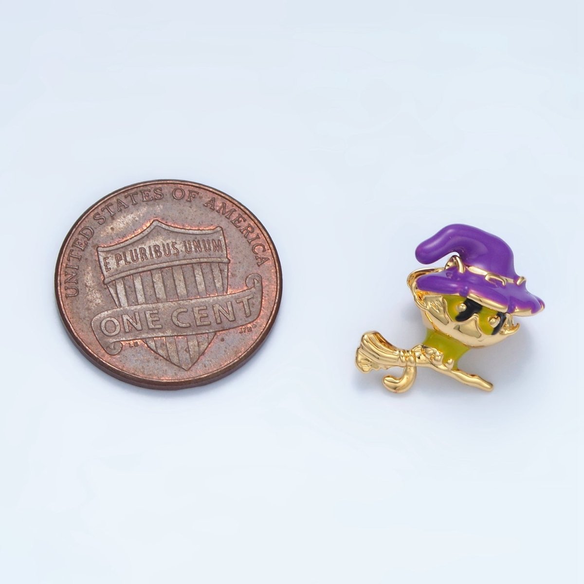 14K Gold Filled 15mm Witch Kitten Cat on Broomstick Enamel Bead | B615
