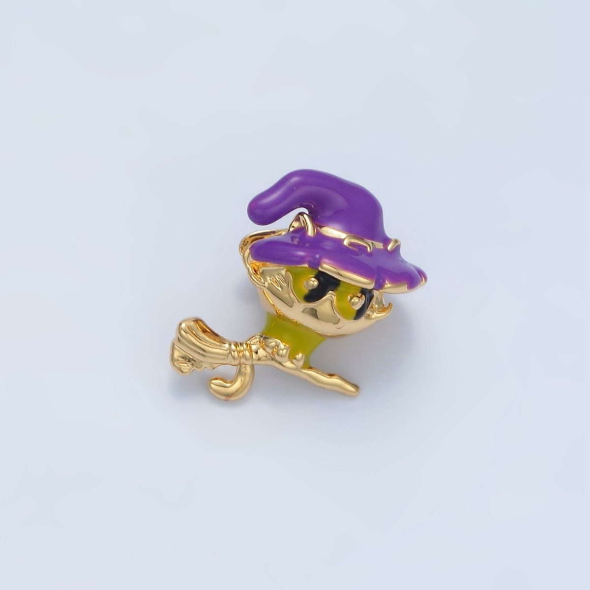 14K Gold Filled 15mm Witch Kitten Cat on Broomstick Enamel Bead | B615