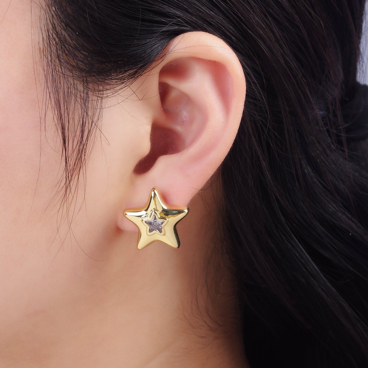 14K Gold Filled 20mm Clear CZ Celestial Star Dome Stud Earrings | P510