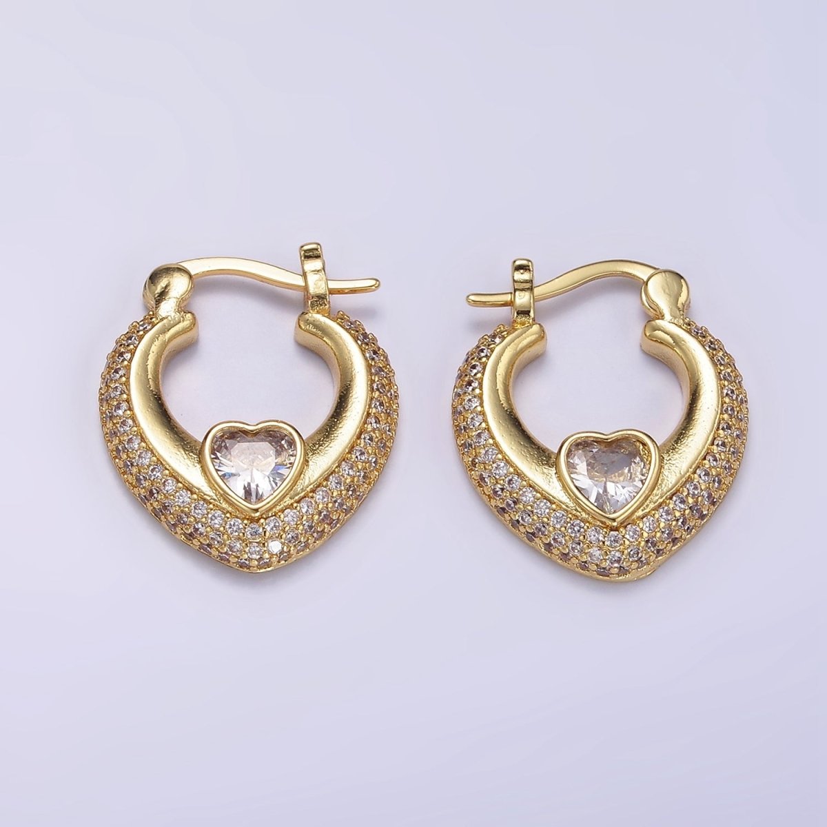 14K Gold Filled 20mm Heart CZ Micro Paved Latch Hoop Earrings Set | AB1173