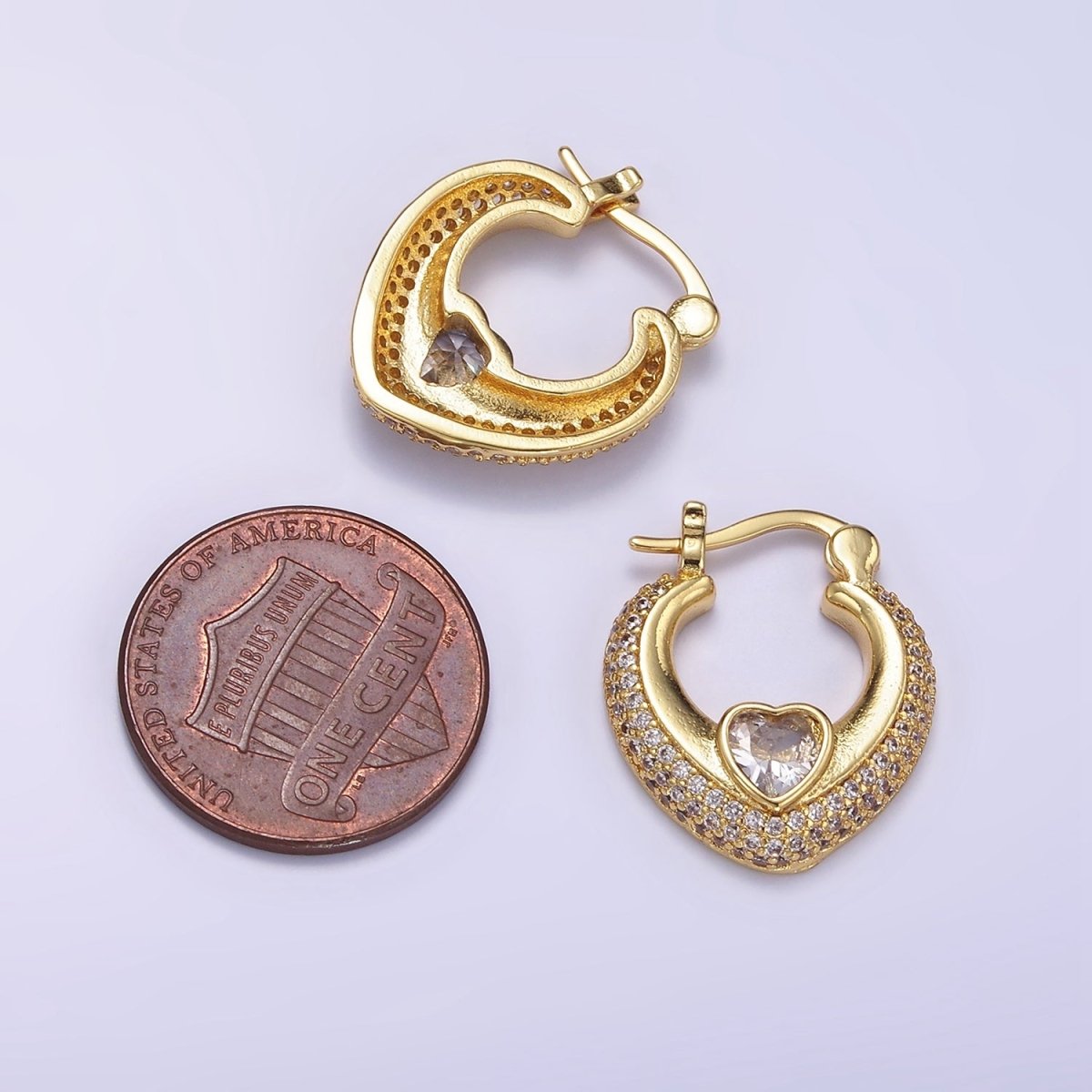 14K Gold Filled 20mm Heart CZ Micro Paved Latch Hoop Earrings Set | AB1173