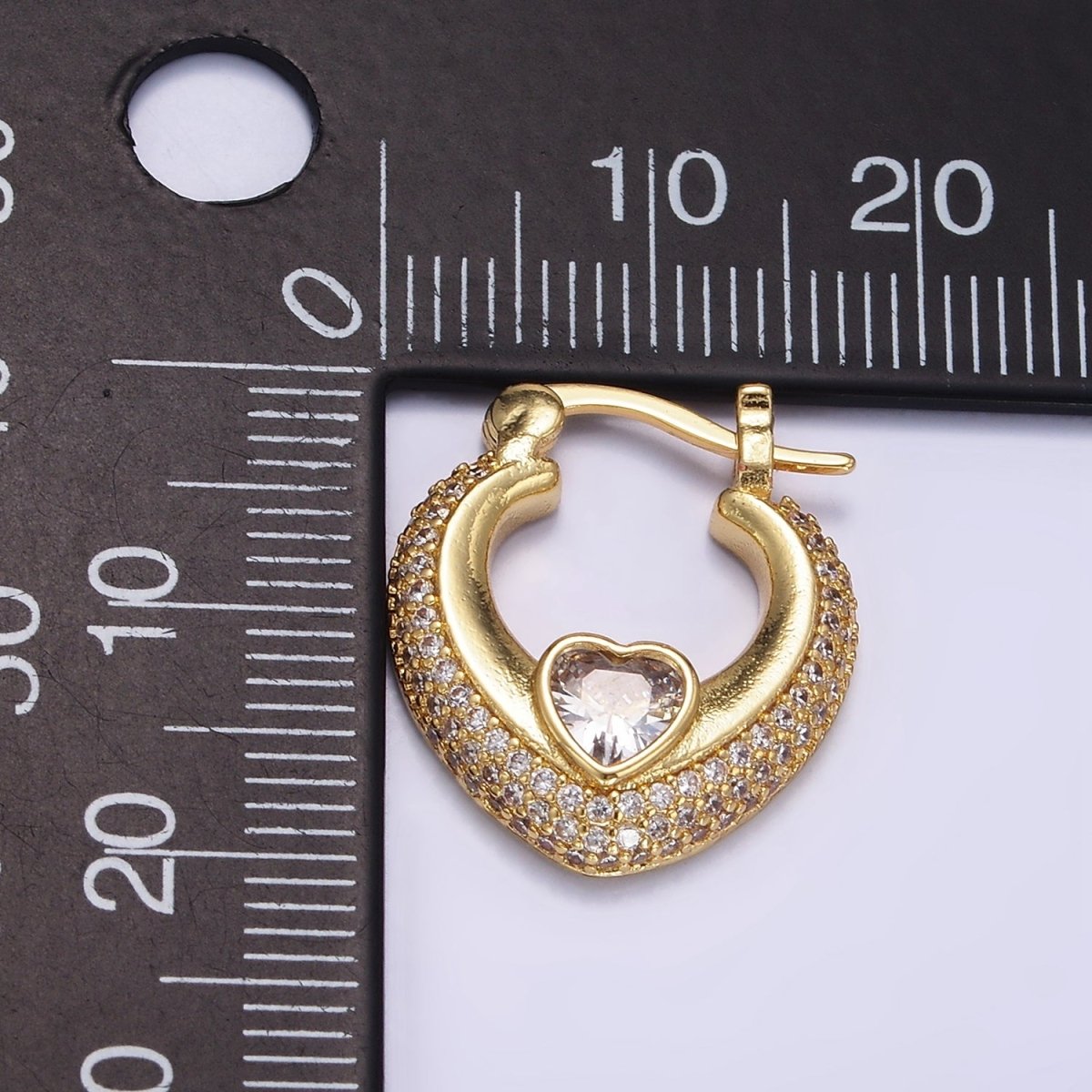 14K Gold Filled 20mm Heart CZ Micro Paved Latch Hoop Earrings Set | AB1173