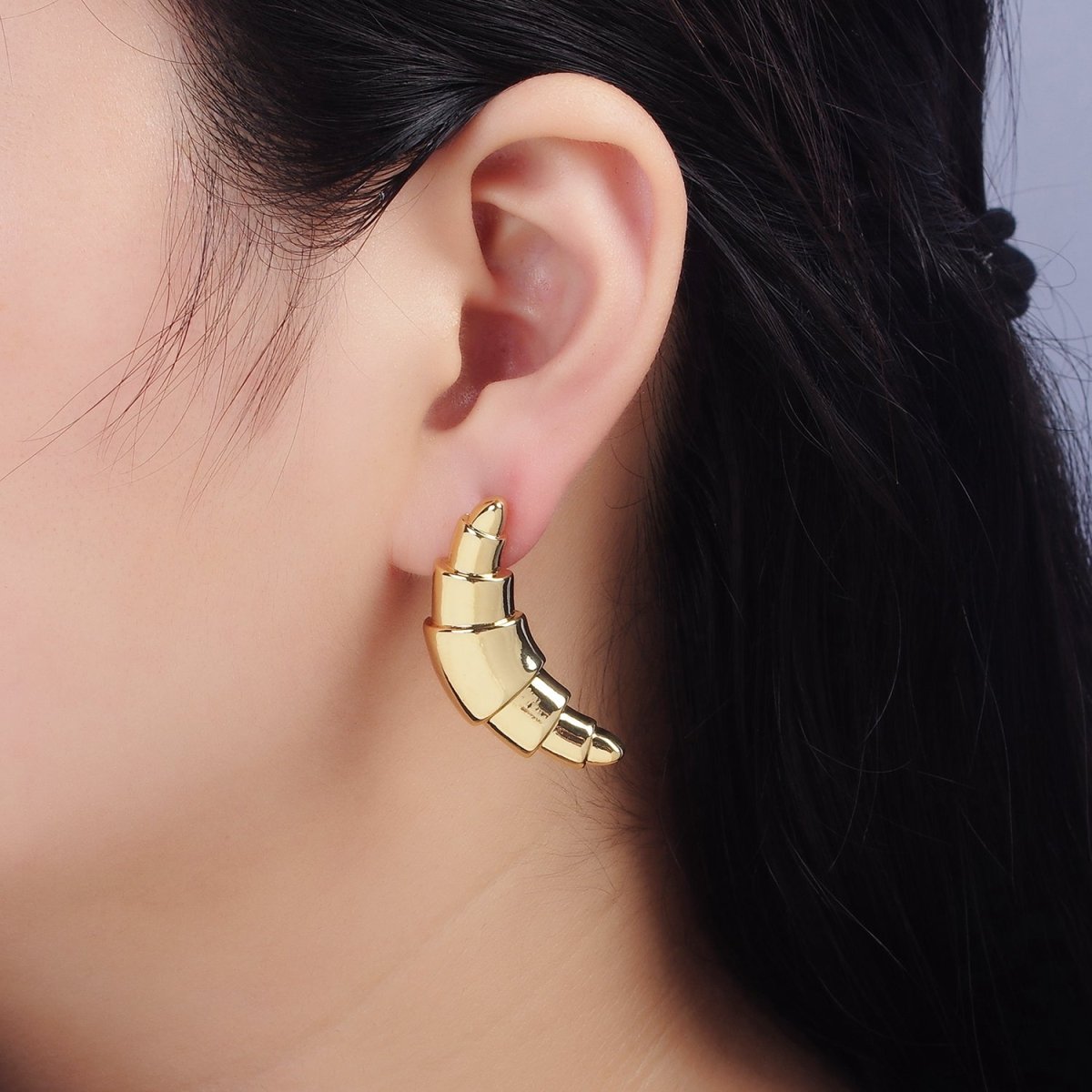 14K Gold Filled 40mm Minimalist French Baguette Croissant Bread Stud Earrings | Q076