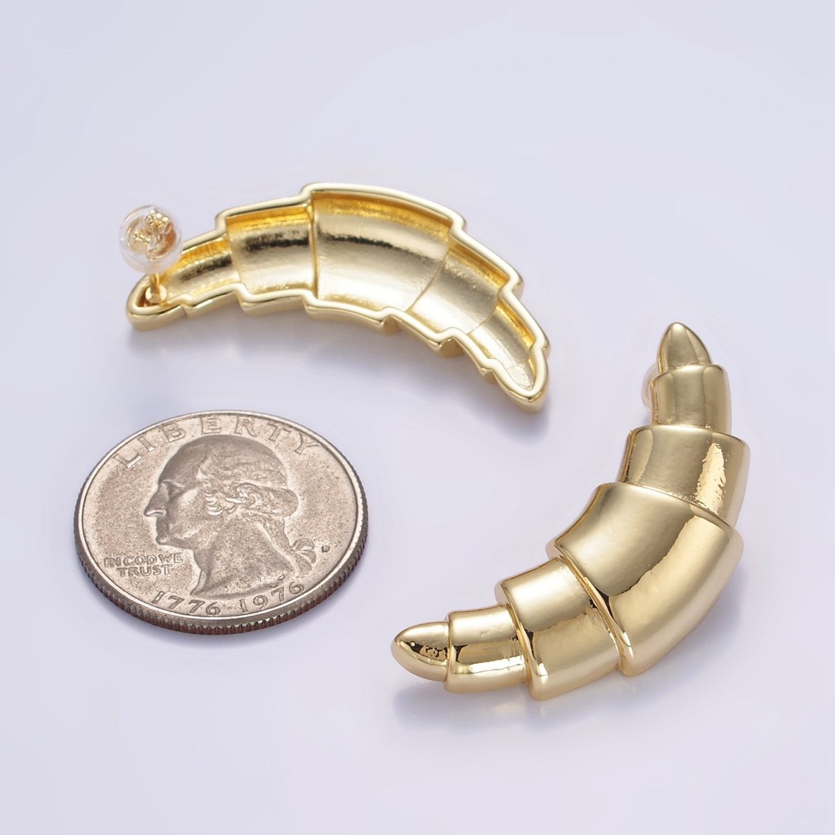 14K Gold Filled 40mm Minimalist French Baguette Croissant Bread Stud Earrings | Q076