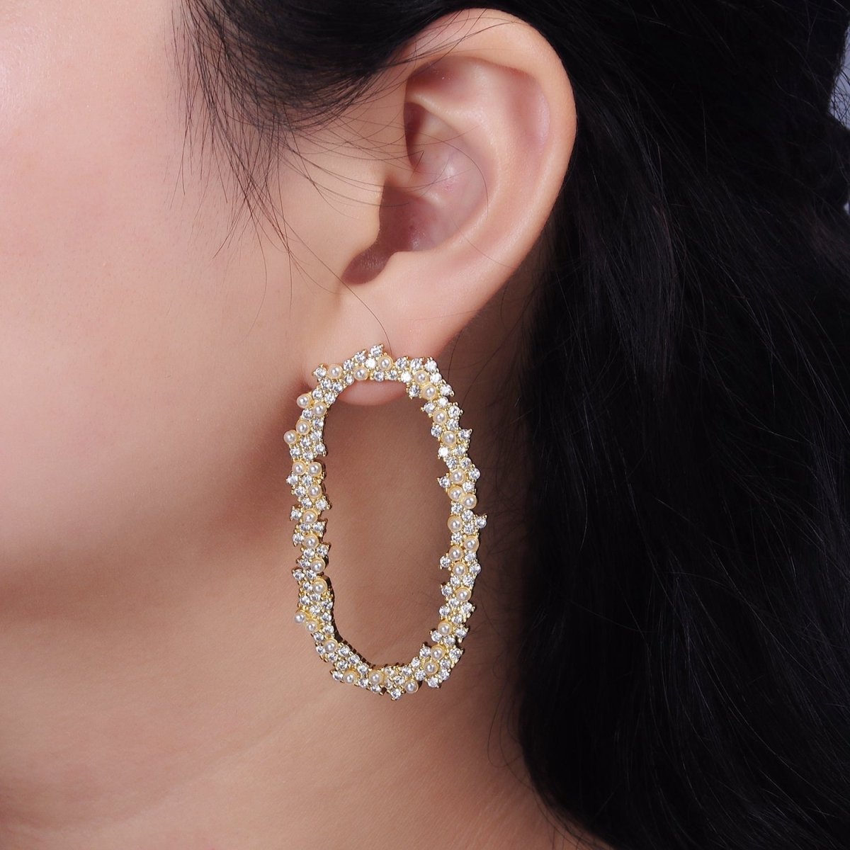 14K Gold Filled 55mm Pearl CZ Open Oblong Stud Earrings