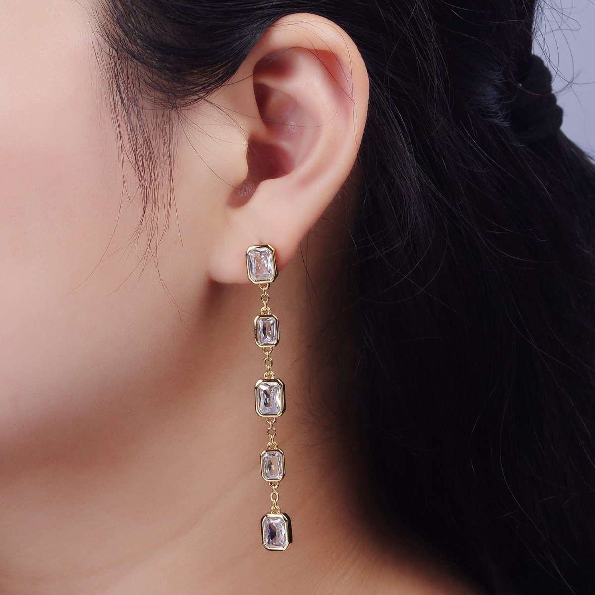 14K Gold Filled 70mm Multiple Baguette Drop Stud Earrings
