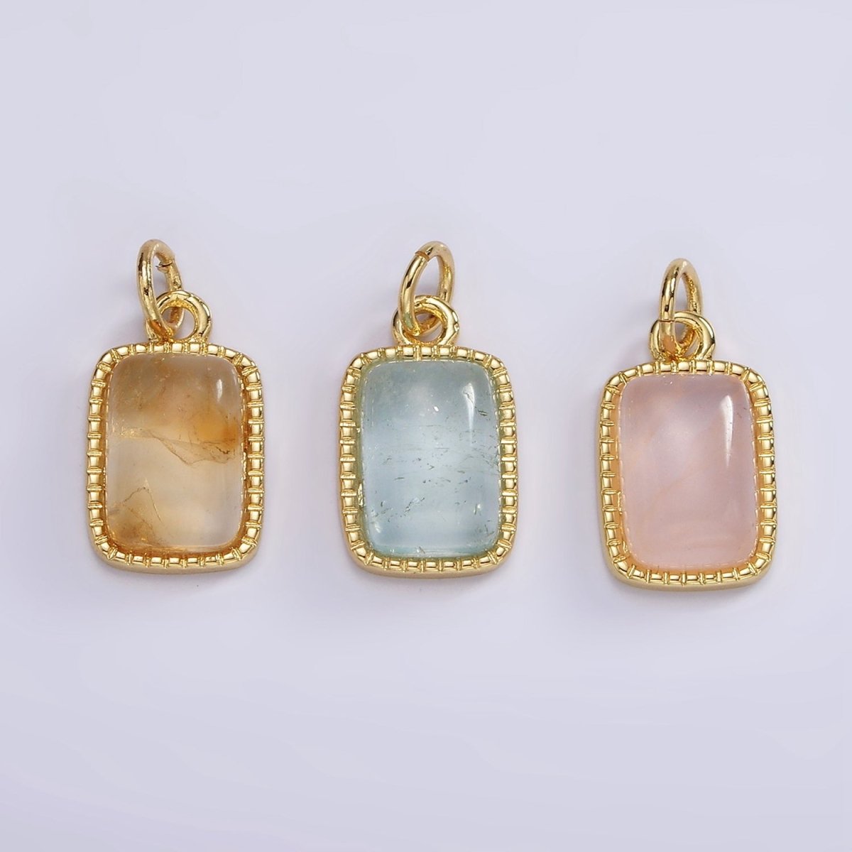 14K Gold Filled Aquamarine, Citrine, Rose Quartz Rectangular Dotted Bezel Charm | AG587 - AG588