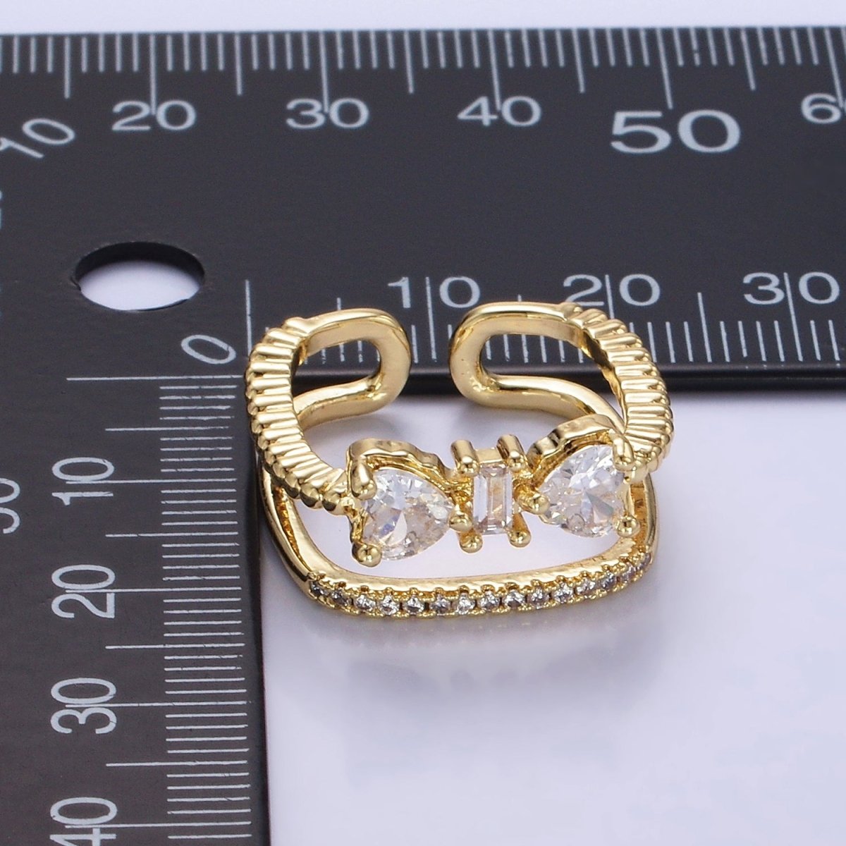 14K Gold Filled Baguette Heart CZ Micro Paved Double Band Ring | O1380