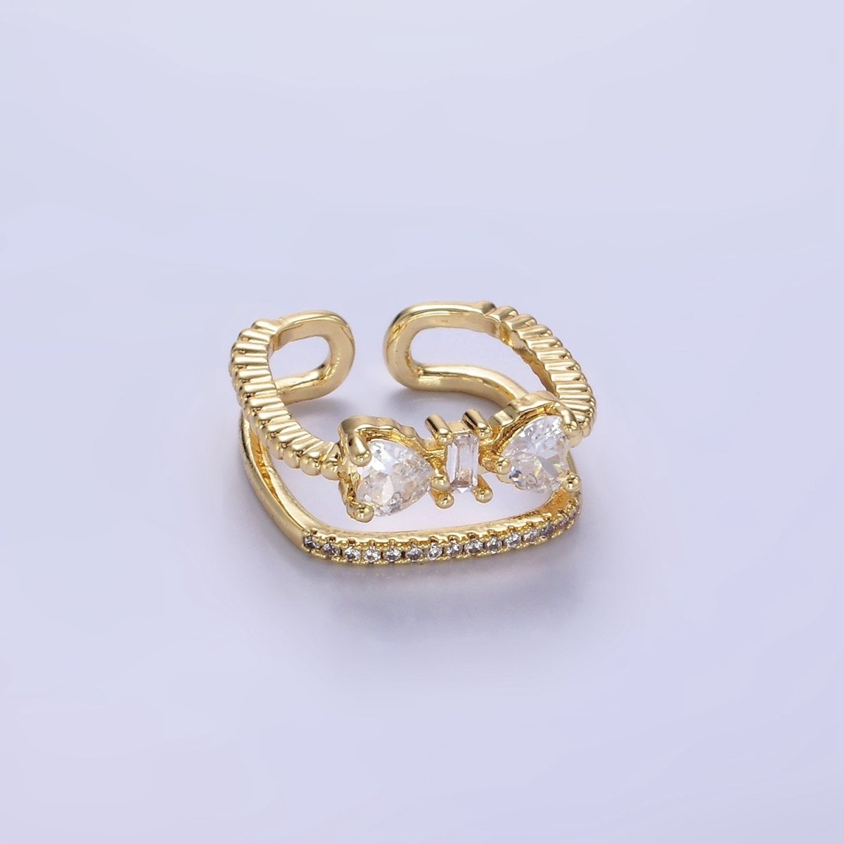 14K Gold Filled Baguette Heart CZ Micro Paved Double Band Ring | O1380