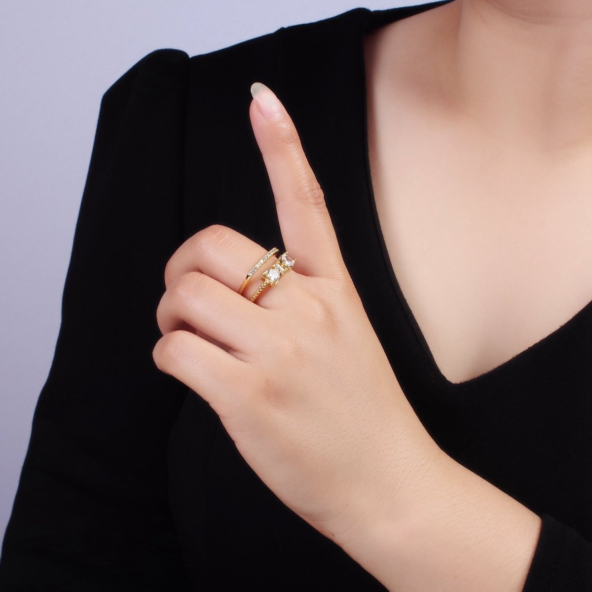 14K Gold Filled Baguette Heart CZ Micro Paved Double Band Ring | O1380