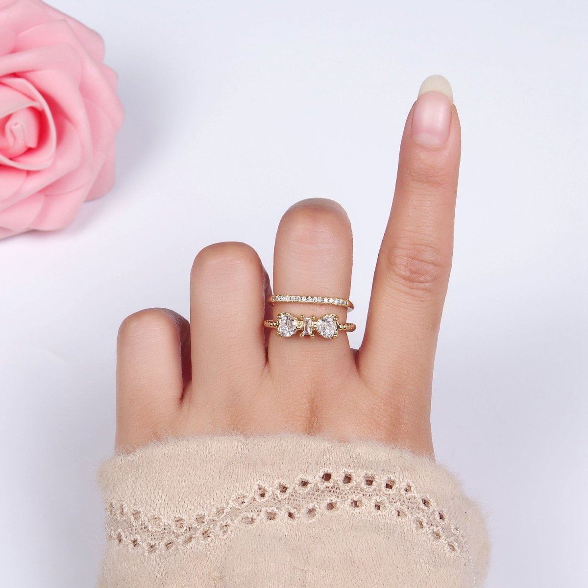 14K Gold Filled Baguette Heart CZ Micro Paved Double Band Ring | O1380