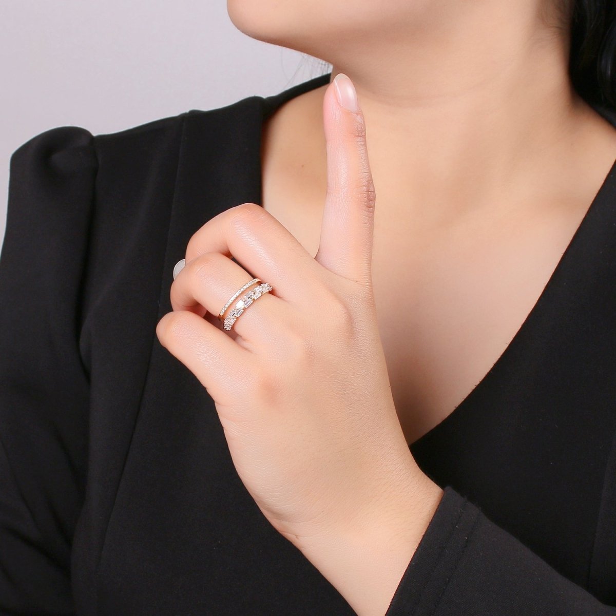OS 14K Gold Filled Baguette Micro Paved CZ Double Band Ring | U516