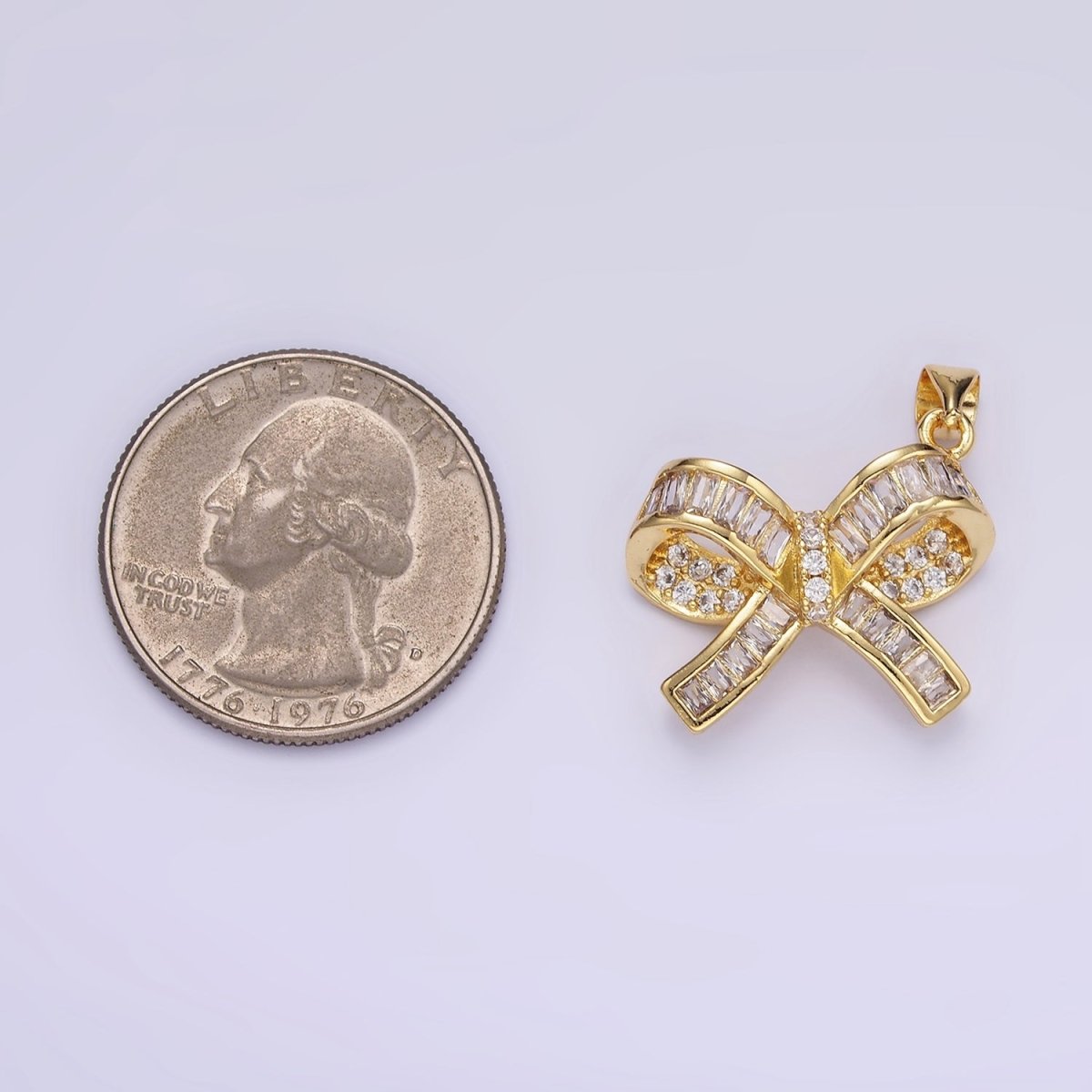 14K Gold Filled Baguette Micro Paved CZ Ribbon Bow Pendant | H136