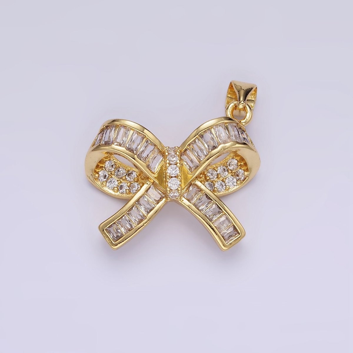 14K Gold Filled Baguette Micro Paved CZ Ribbon Bow Pendant | H136