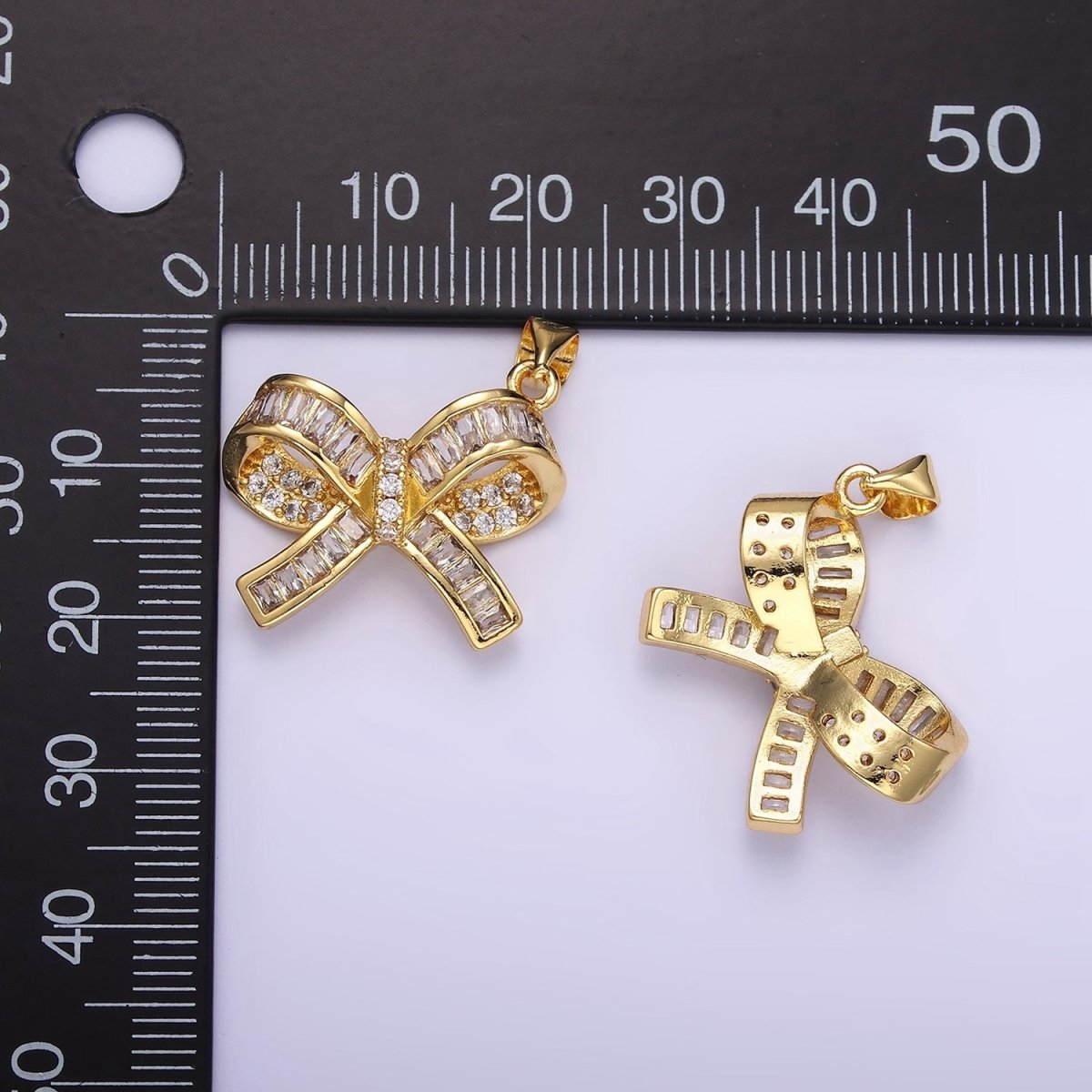 14K Gold Filled Baguette Micro Paved CZ Ribbon Bow Pendant | H136
