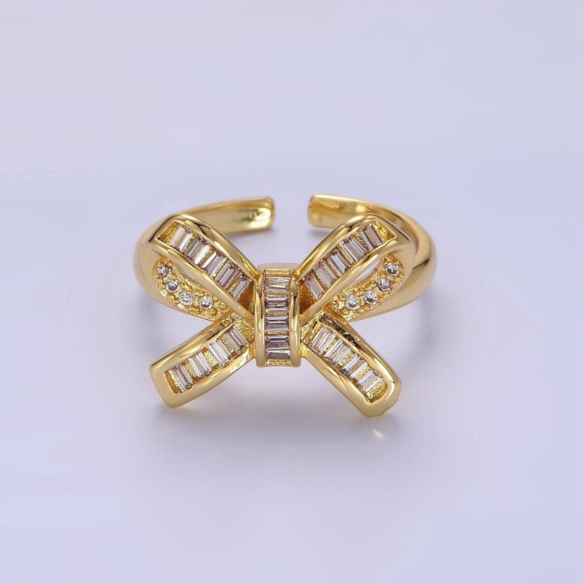 14K Gold Filled Baguette Micro Paved Ribbon Bow Ring | O245