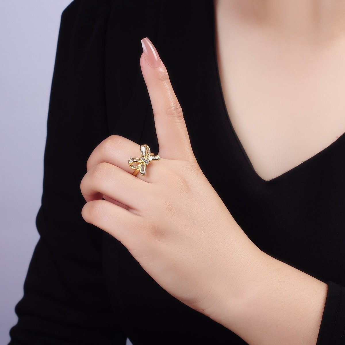 14K Gold Filled Baguette Micro Paved Ribbon Bow Ring | O245
