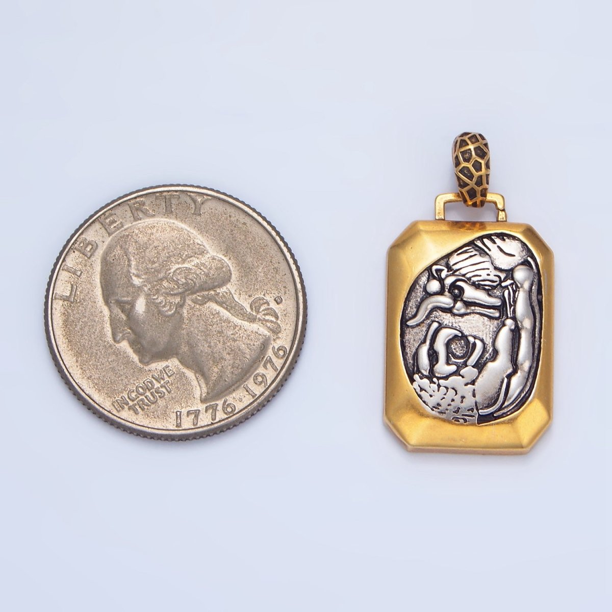 14K Gold Filled Bull Lion Animal Edged Rectangle Mixed Metal Pendant | AA125