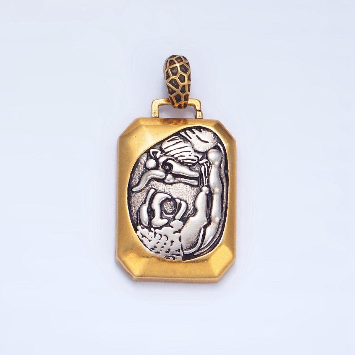 14K Gold Filled Bull Lion Animal Edged Rectangle Mixed Metal Pendant | AA125