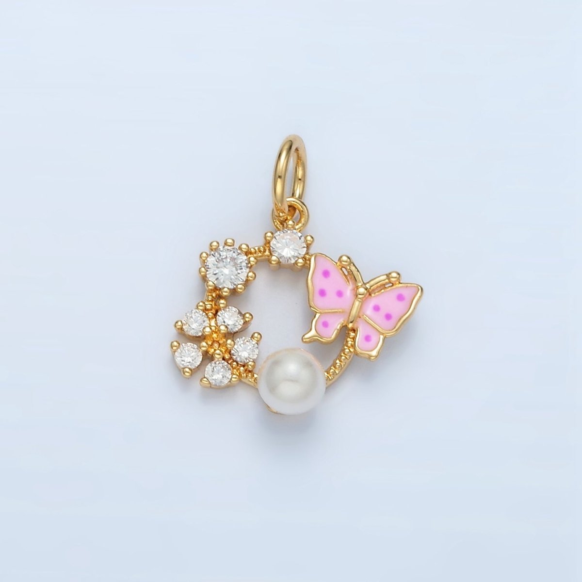 14K Gold Filled Butterfly Enamel CZ Flower Pearl Open Round Charm | AG946