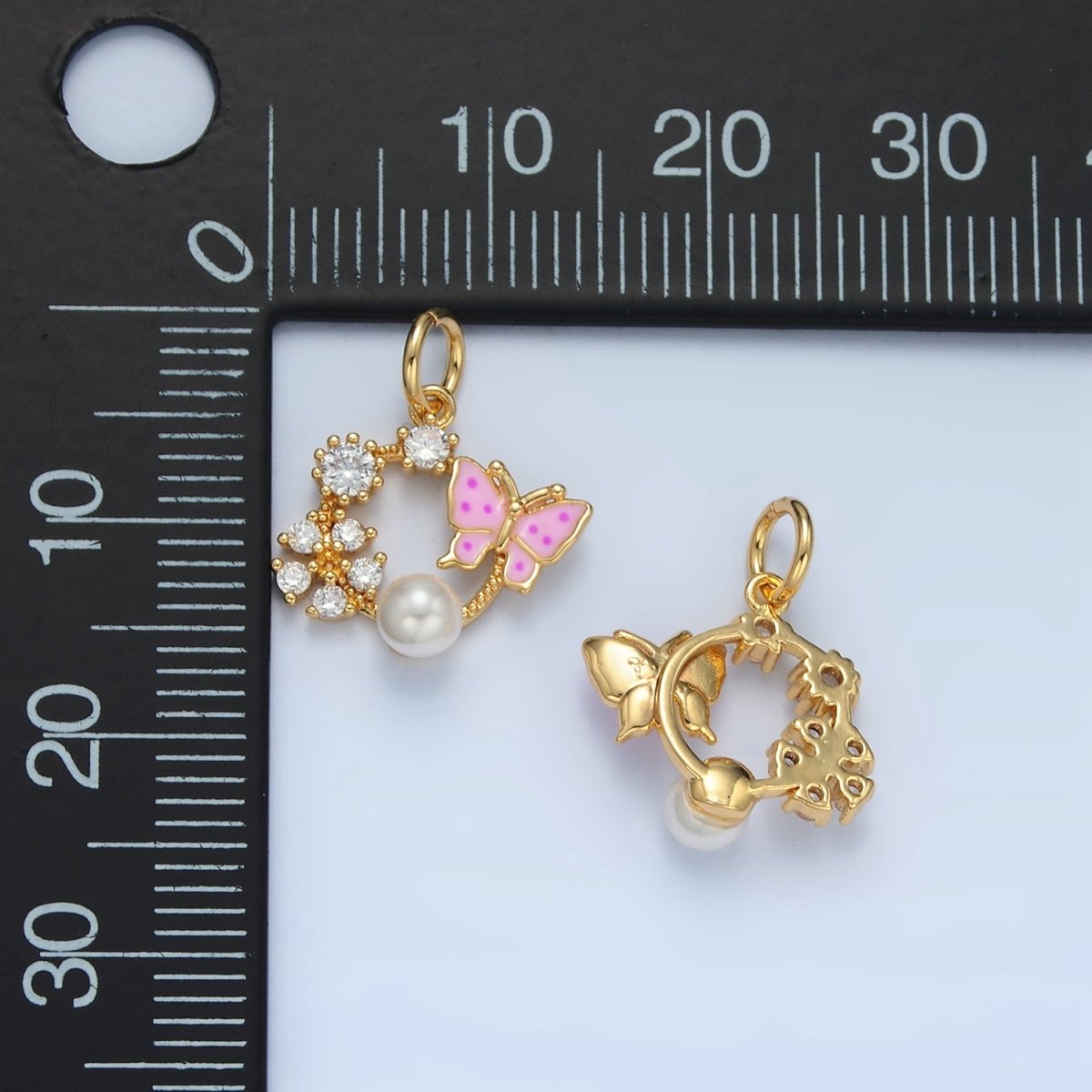 14K Gold Filled Butterfly Enamel CZ Flower Pearl Open Round Charm | AG946
