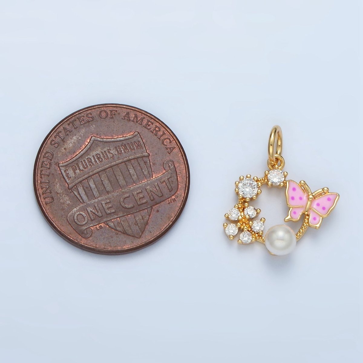 14K Gold Filled Butterfly Enamel CZ Flower Pearl Open Round Charm | AG946