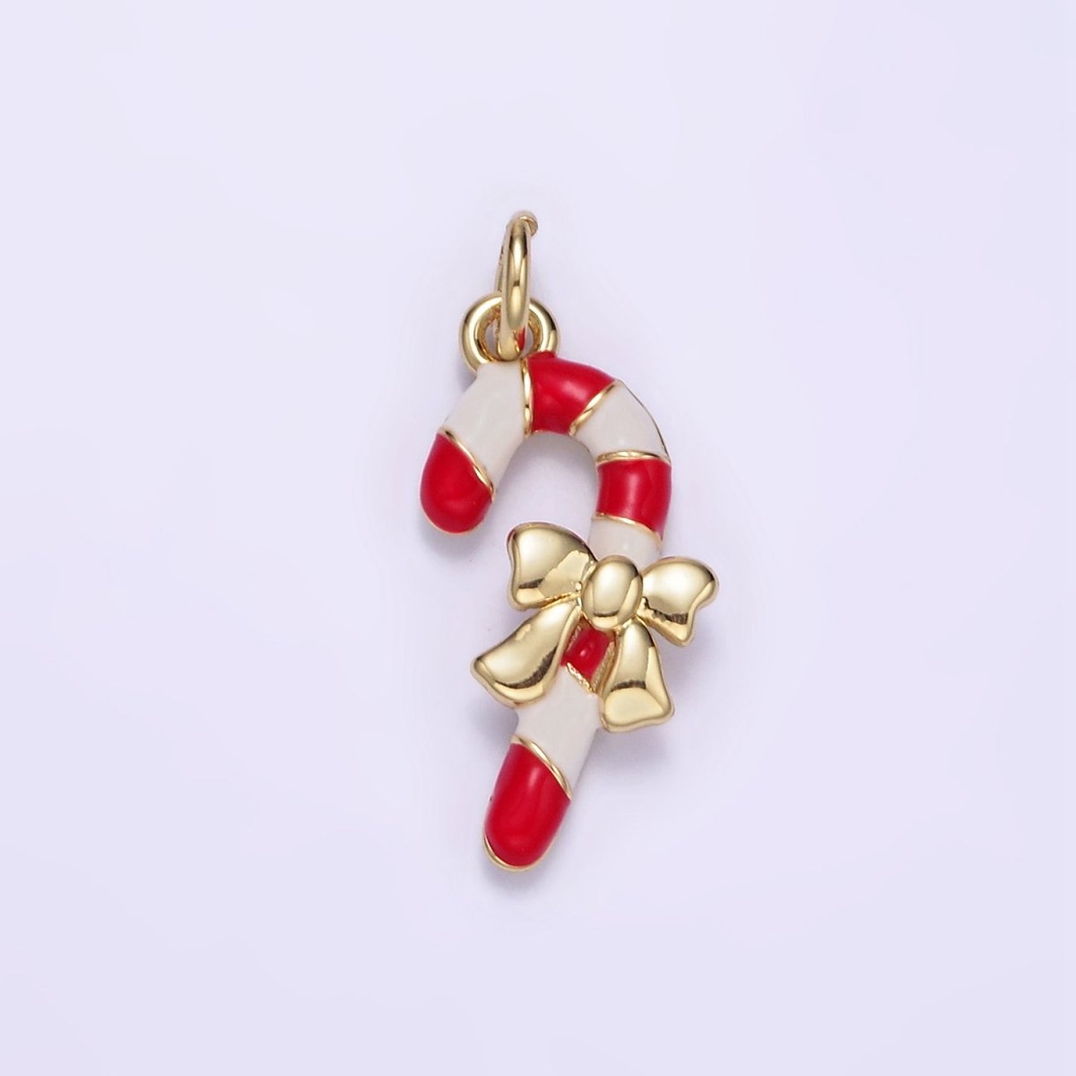14K Gold Filled Candy Cane Bow Enamel Mini Christmas Charm | D545
