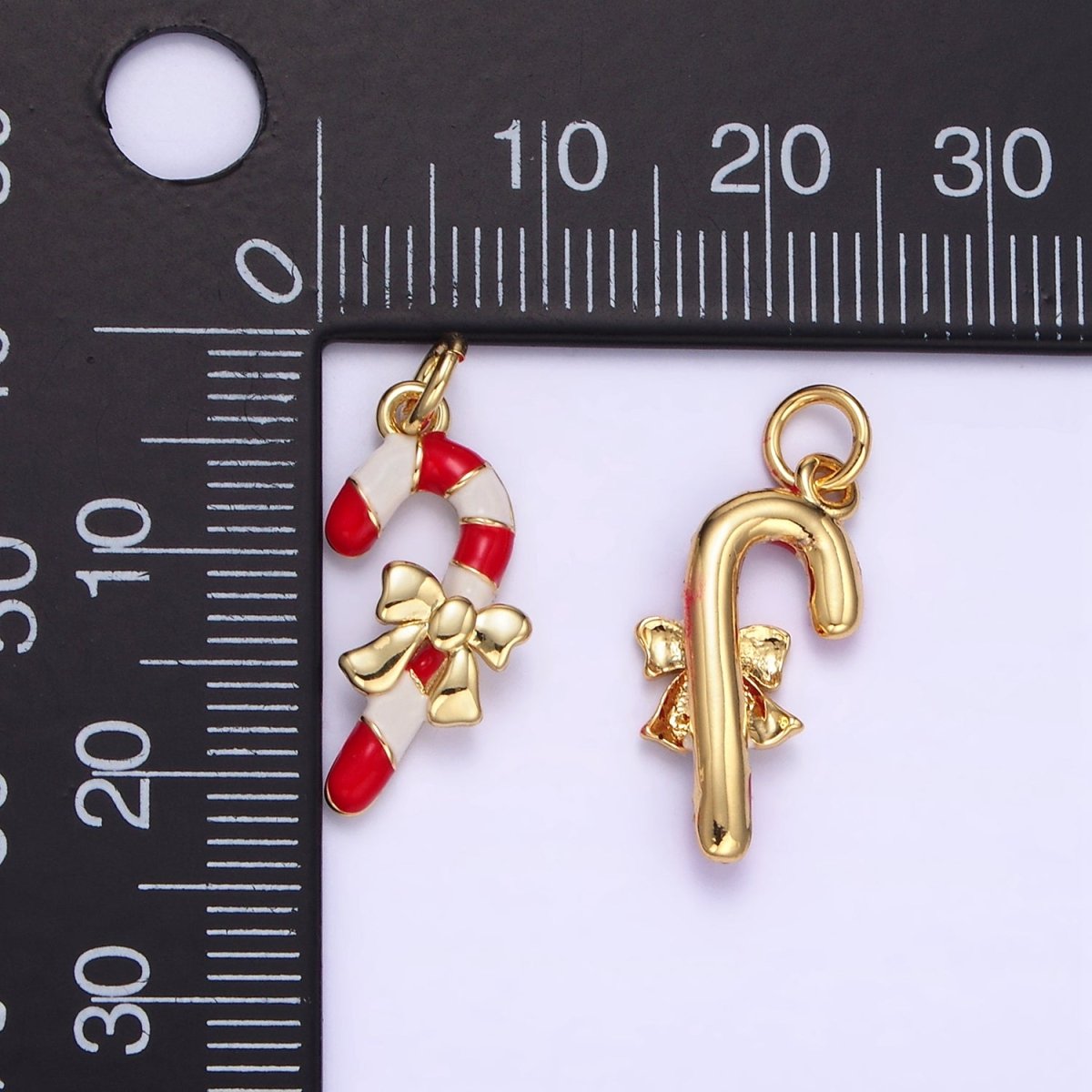 14K Gold Filled Candy Cane Bow Enamel Mini Christmas Charm | D545