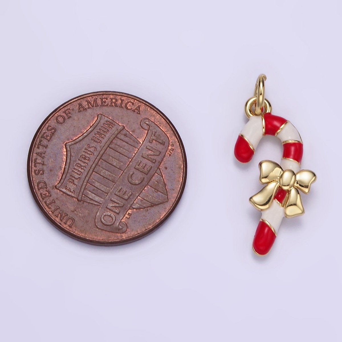 14K Gold Filled Candy Cane Bow Enamel Mini Christmas Charm | D545